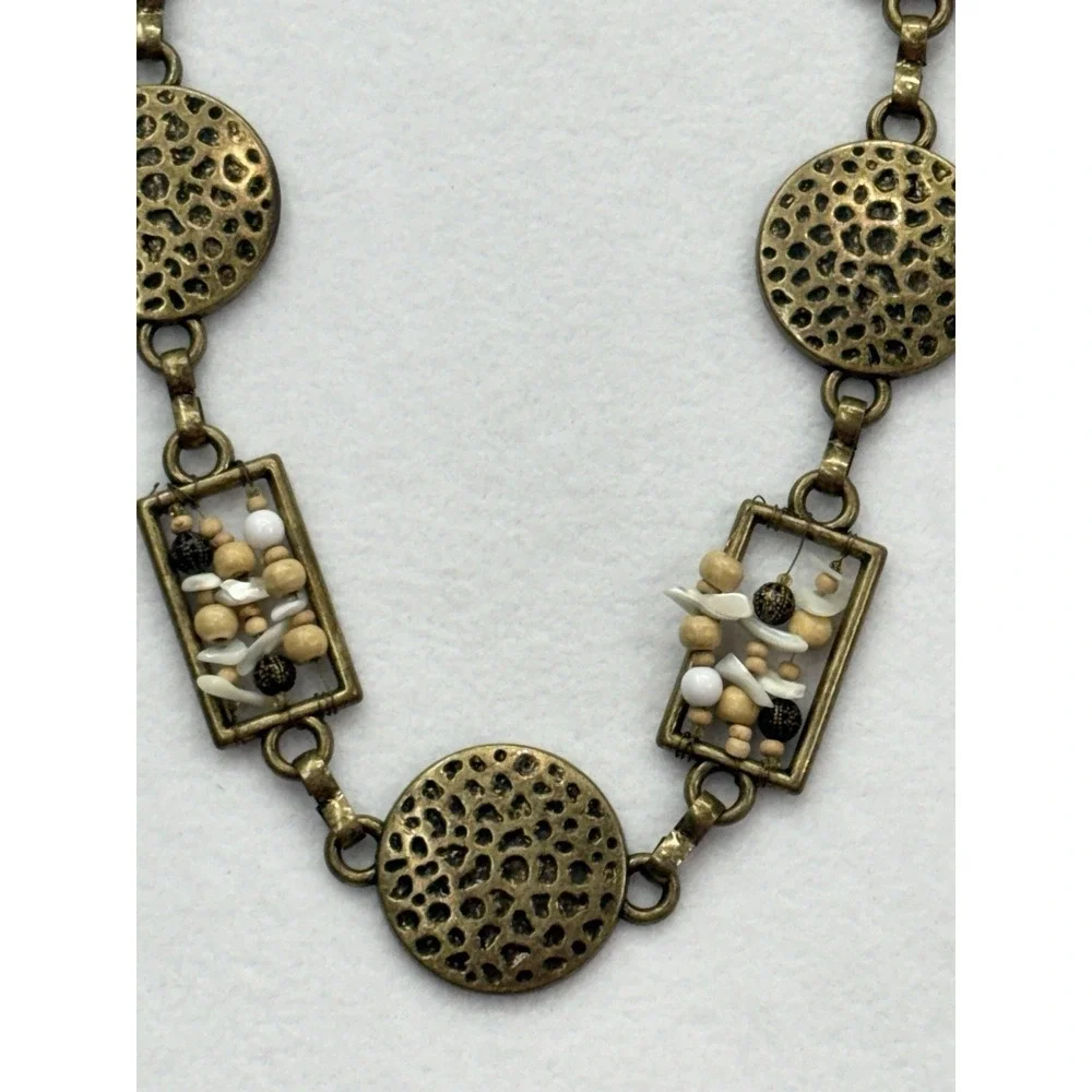 Vintage Gold Tone Geometric Chain Belt Hammered Disc Beaded Boho Adjustable